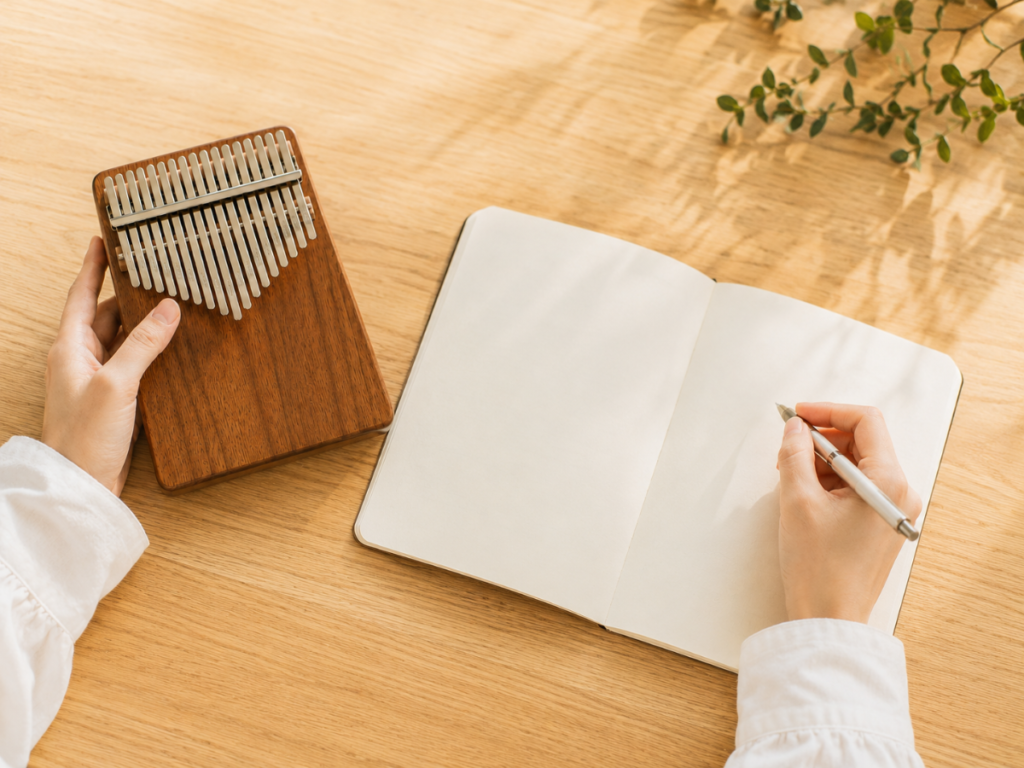 カリンバを手に持ちノートに書き込む手元の様子