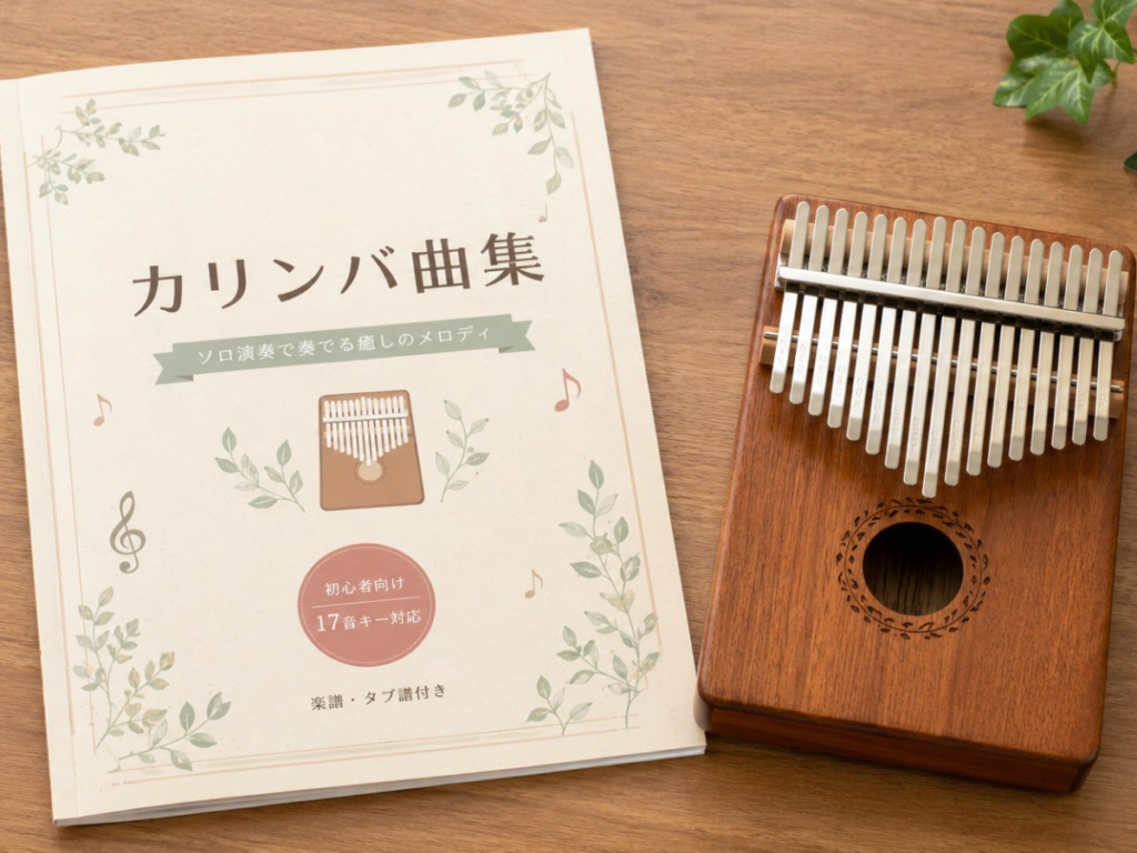 市販の楽譜とカリンバを並べた様子